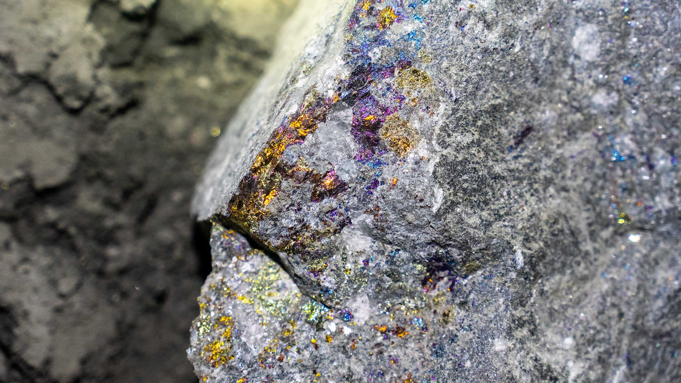 Close-up of mineral ore with copper and other deposits at International Resources Holding’s Mopani site