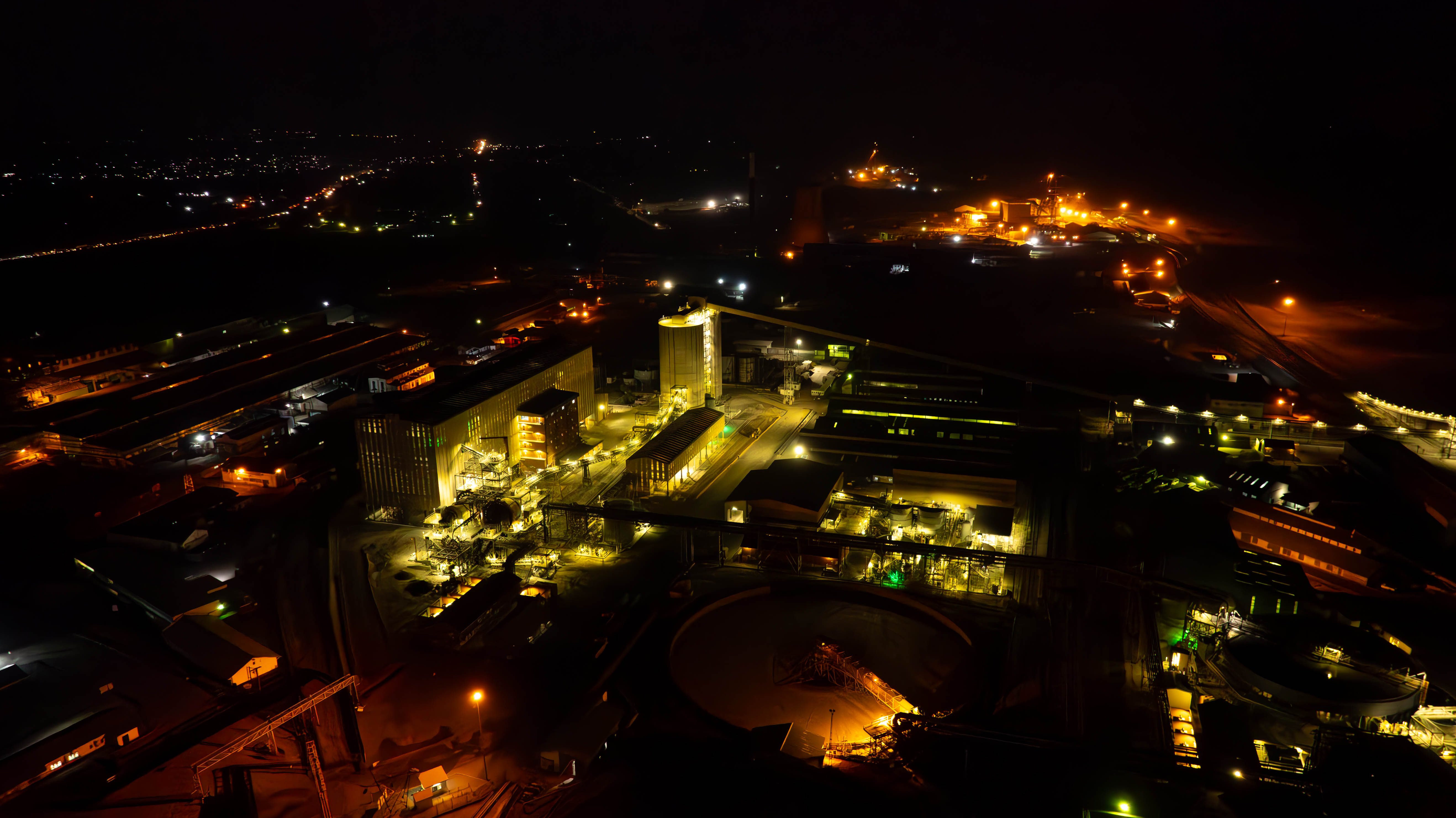 Nighttime aerial view of International Resources Holding’s Mopani Copper Mines facility